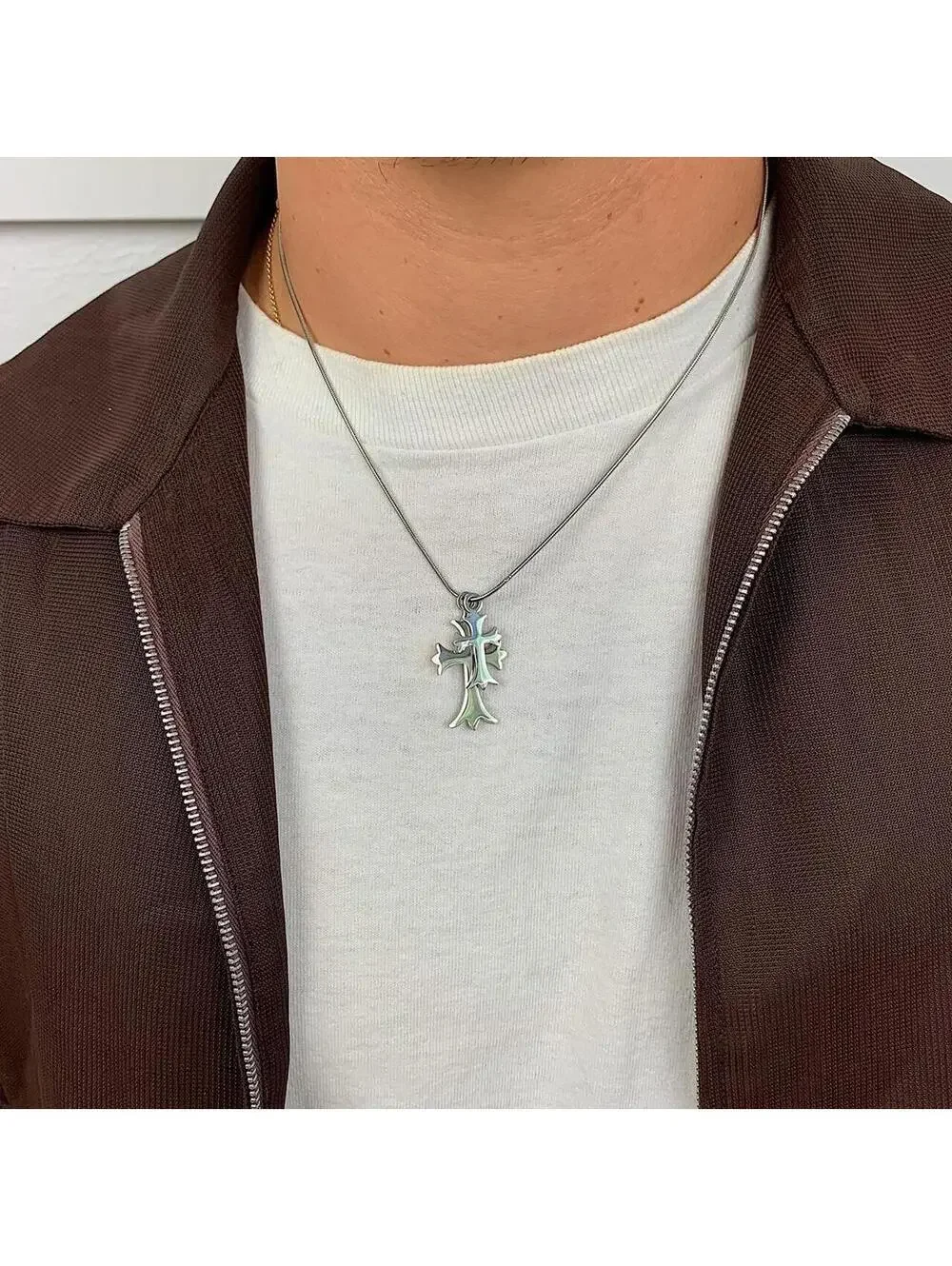 Vintage y2k style Double Gothic Cross pendant Stainless Steel Silver necklace